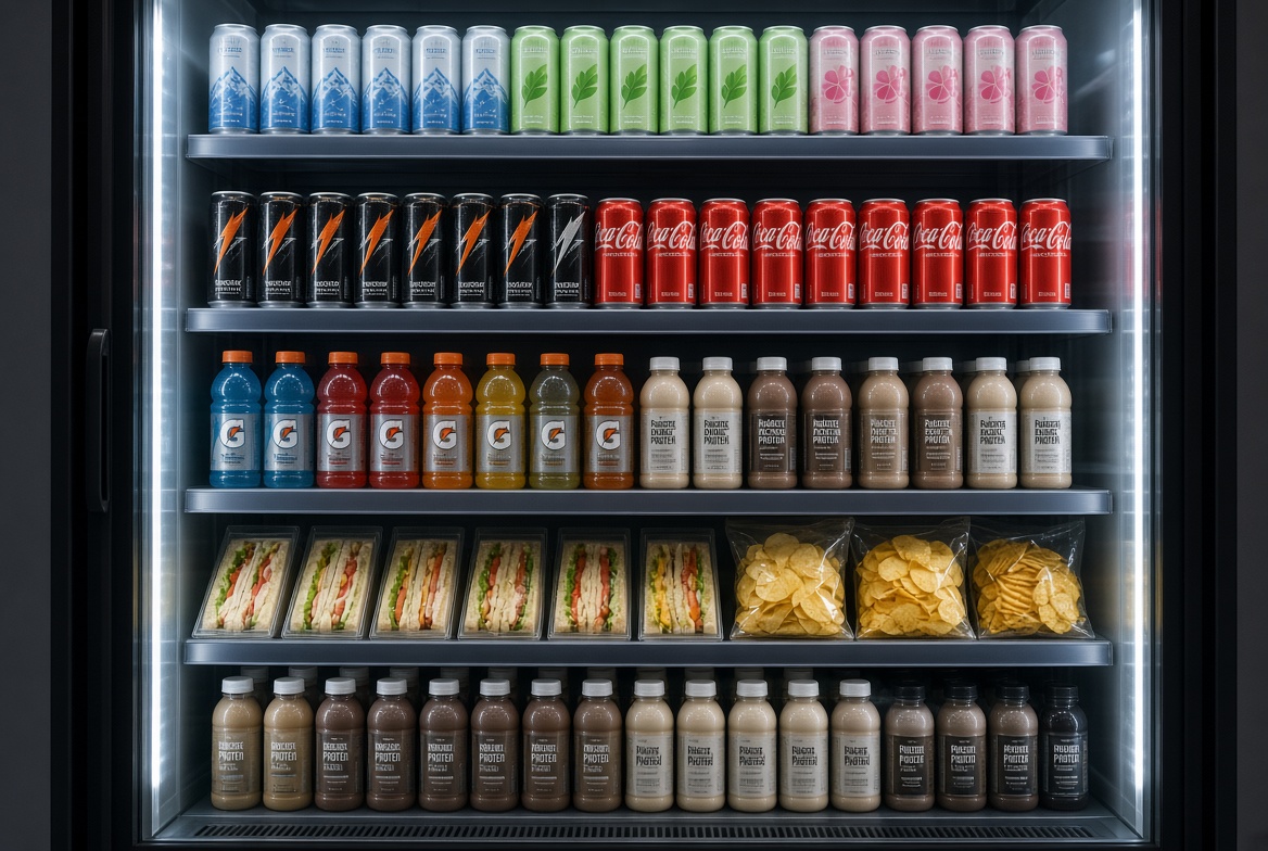 Glass-door cooler stocked with drinks, snacks, and grab-and-go food