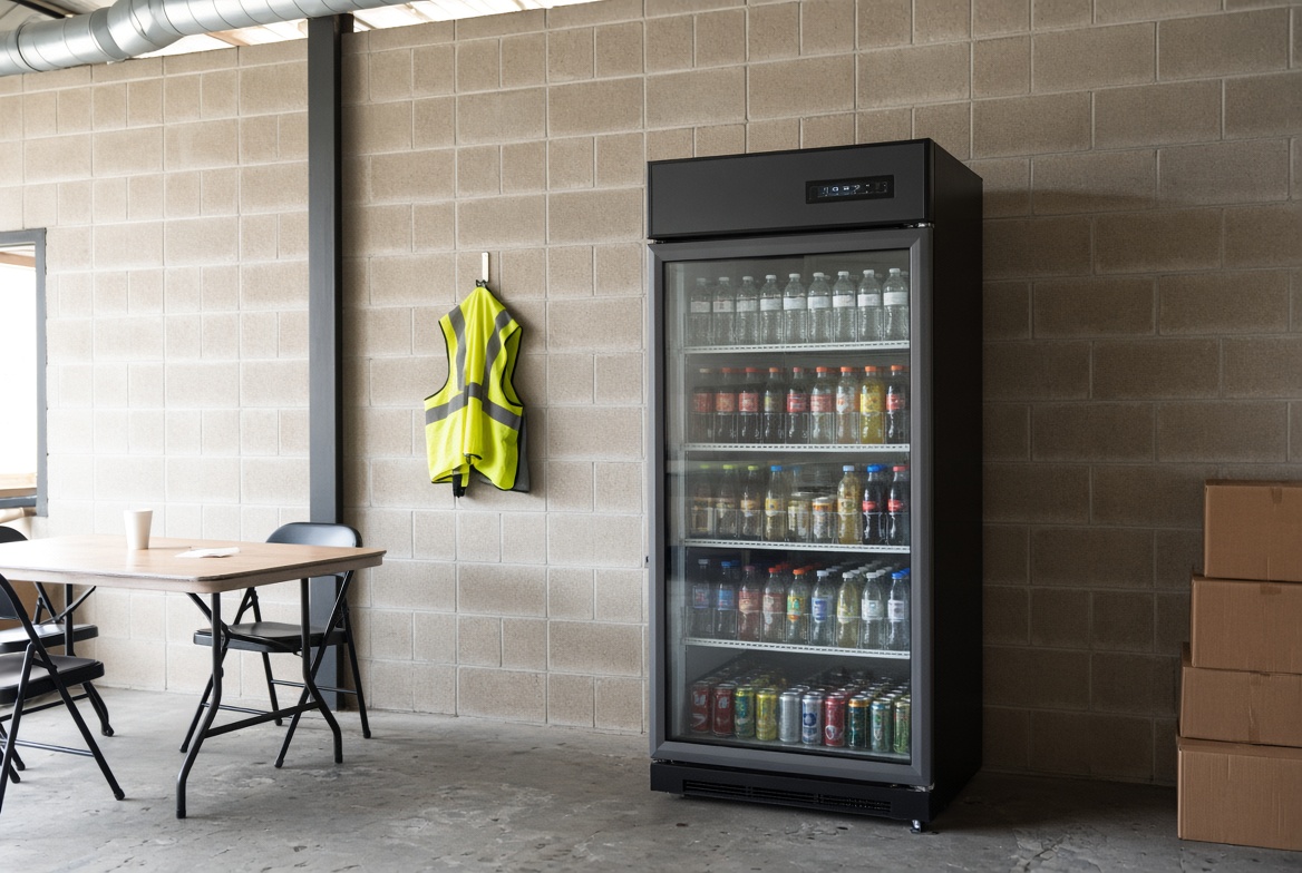 Smart cooler stocked with drinks in a workplace break area